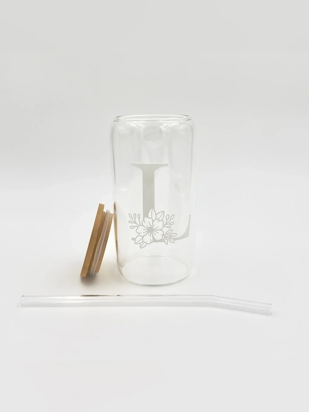🌸 NEW Floral Monogram L Glass Can Cup with Glass Straw & Cleaning Tool - 16oz